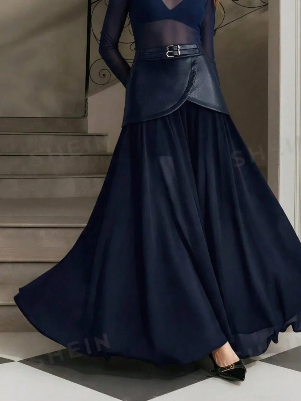 Navy Blue Casual Women's Scallop Belted Draped Flared Chiffon Long Skirt